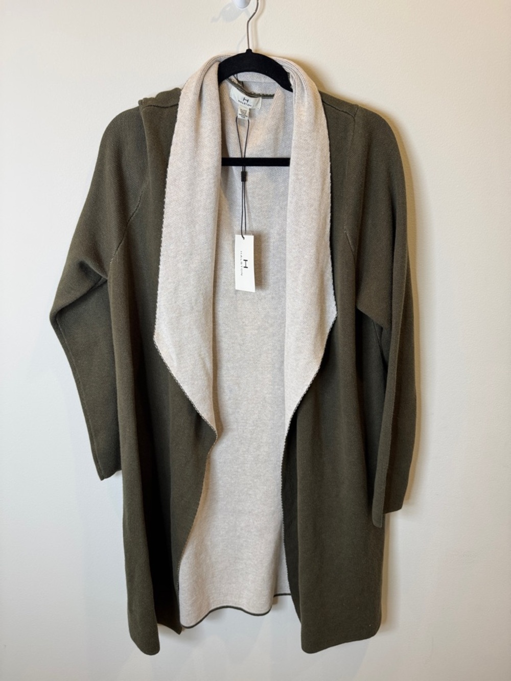 H by Halston Olive Green Open-Front Cardigan with Cream Shawl Collar